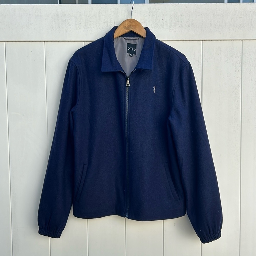 Qilo Wool Blend Navy Blue Coat Full Zip Jacket Size Medium Fall Winter Luxury